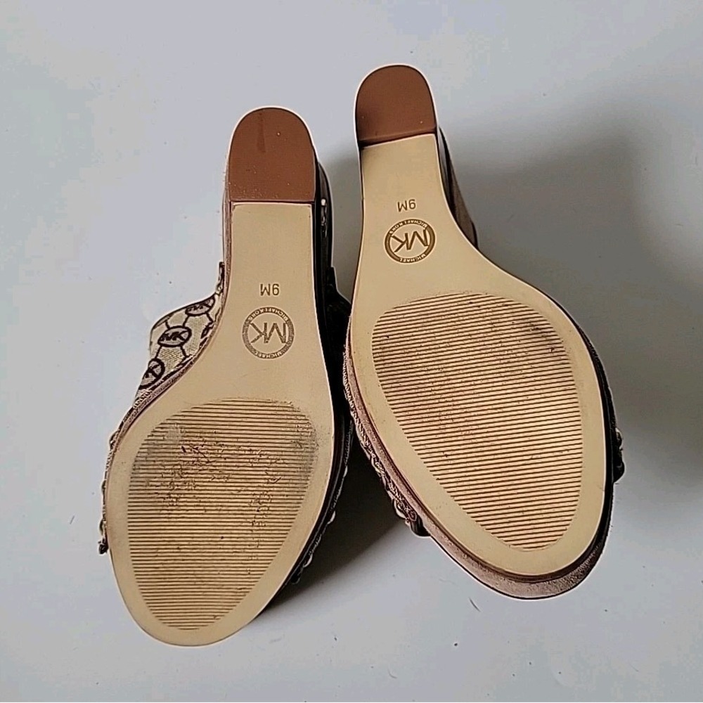 Michael Kors Belinda Open Toe Mules 9M Logo Canvas Suede Leather Platform Wedge - Picture 9 of 15